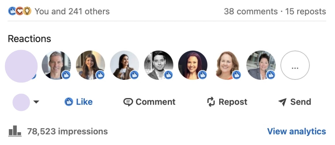 A LinkedIn post reaching 78,523 impressions with 241 reactions