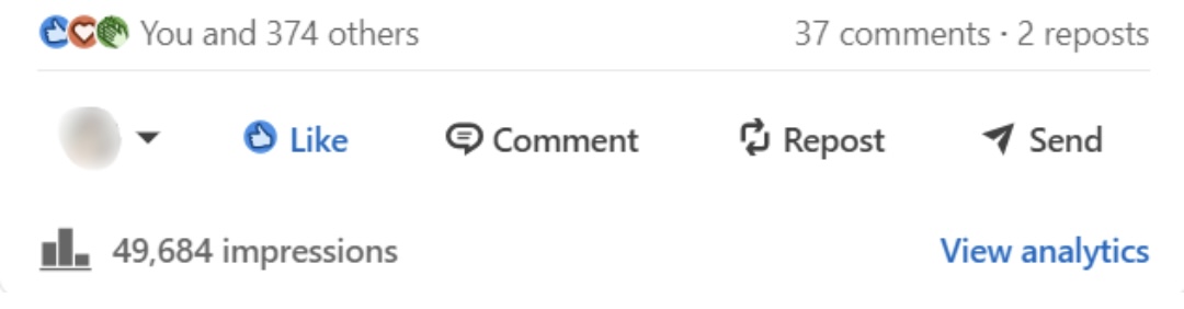 A LinkedIn post reaching 49,684 impressions with 374 reactions