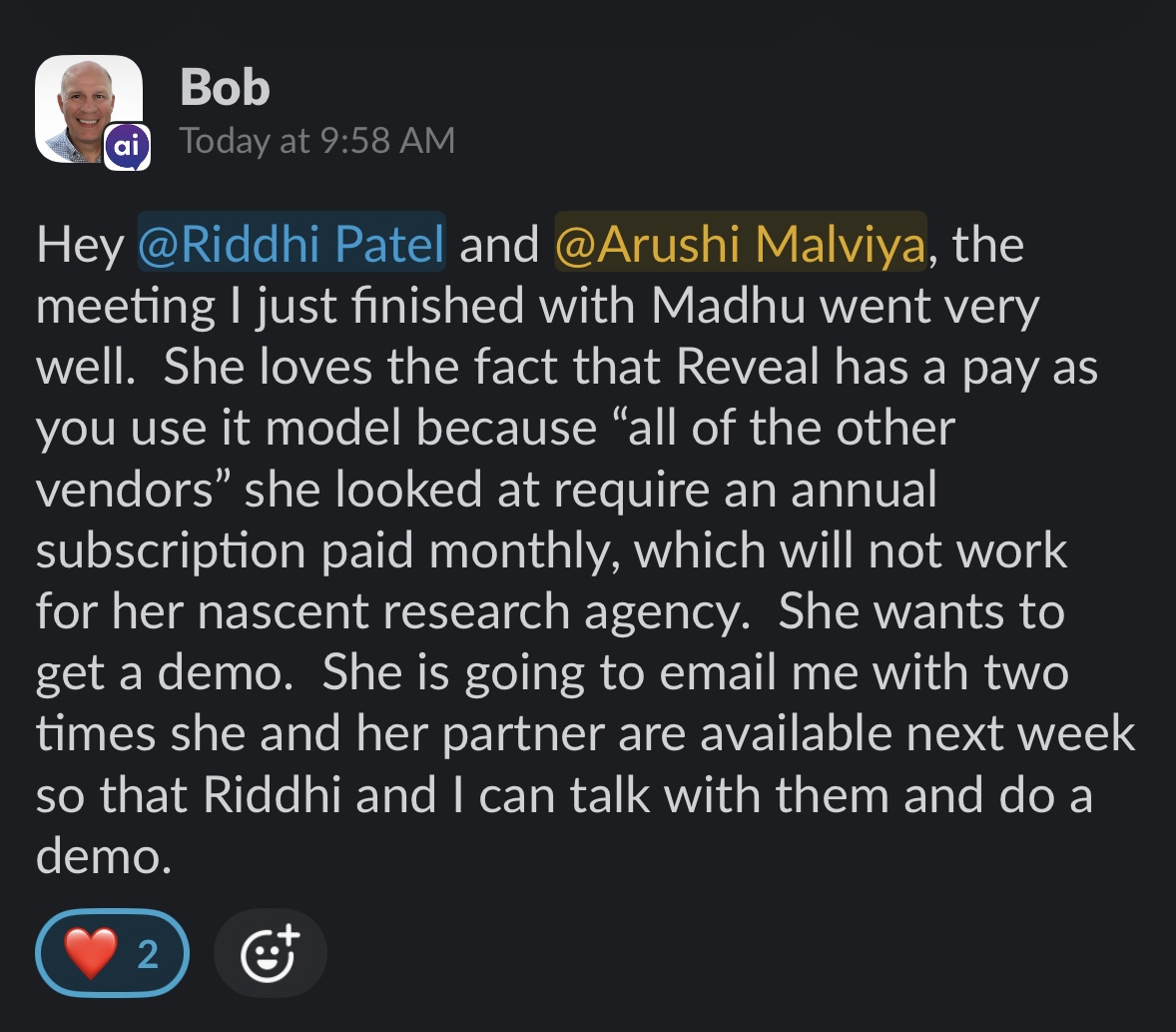 Client praising the quality of booked meetings
